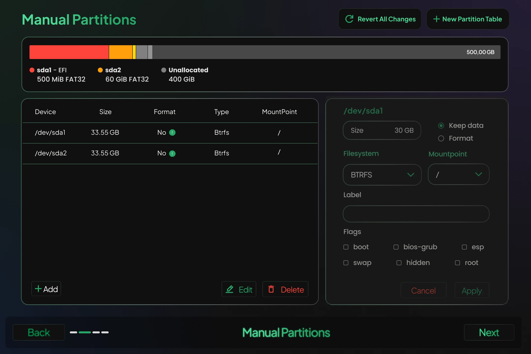 Manual Partition Selection